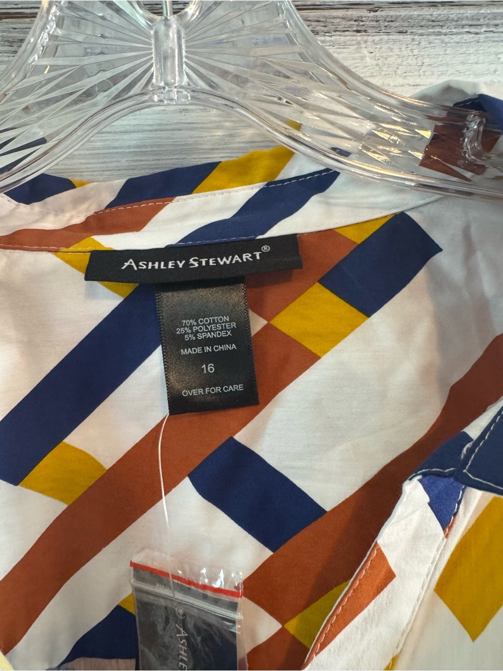 Ashley Stewart White Button-Down Shirt with Navy, Mustard & Rust Geometric Print - Picture 4 of 7